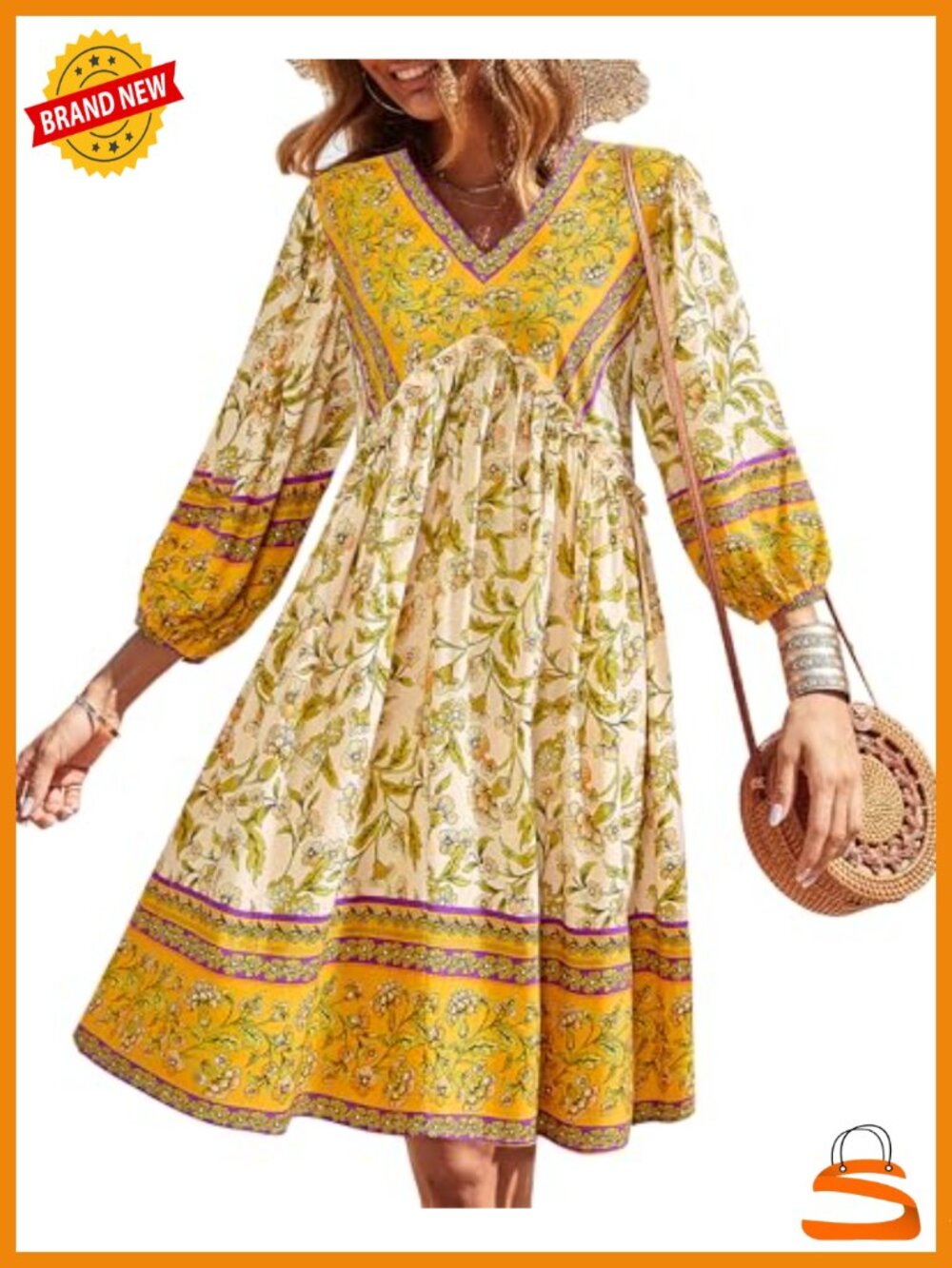 Women's Floral V-Neck Mini Dress 3/4 Balloon Sleeve Ruffle